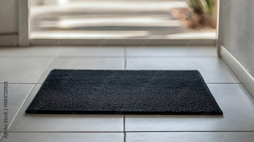 A simple black door mat on a white tiled floor