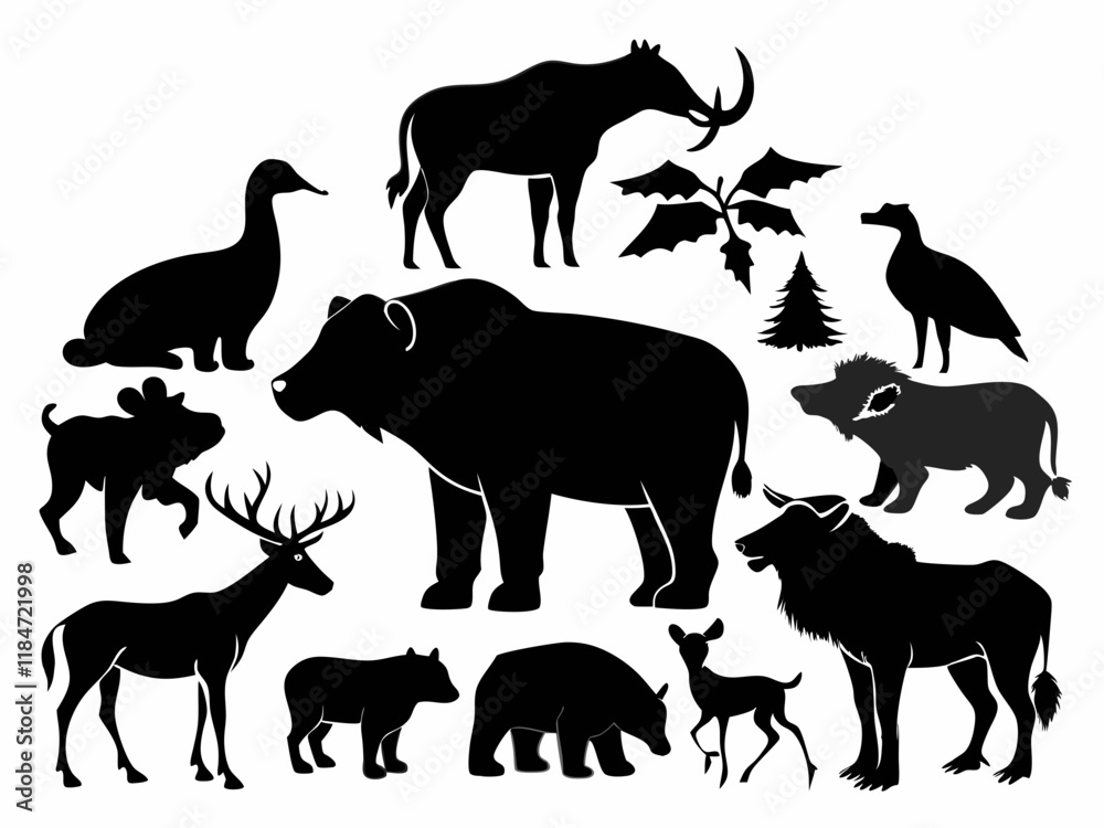 Fototapeta premium Silhouettes of Northern Mammals: Wildlife in Nature-Themed Vector Art for Creative Projects.
