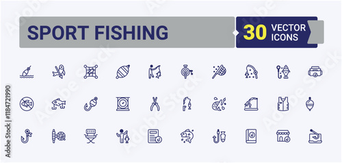 Sport Fishing line icons set. Icons fisher, sea, sport, boat, equipment, angling and more. Simple line vector. Solid line editable stroke. Vector line and solid icons.