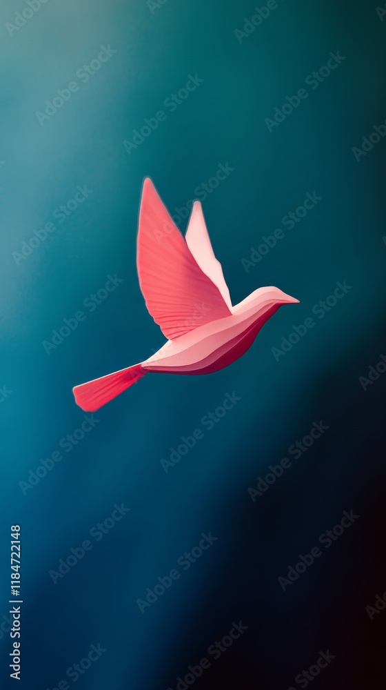 Obraz premium Pink Origami Bird Flying on Blue Background Symbolizing Hope and Freedom