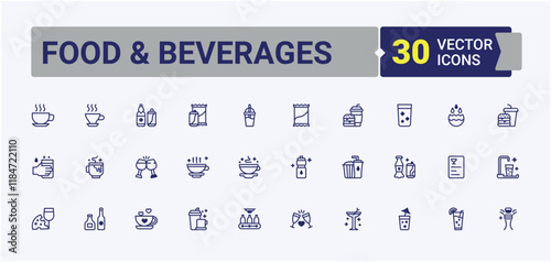 Food & Beverages linear icon collection. It contains symbols to coffee, bakery, eat, drink, sandwich, fruit and more. Thin outline icons pack. Solid line editable stroke. Vector line and solid icons.