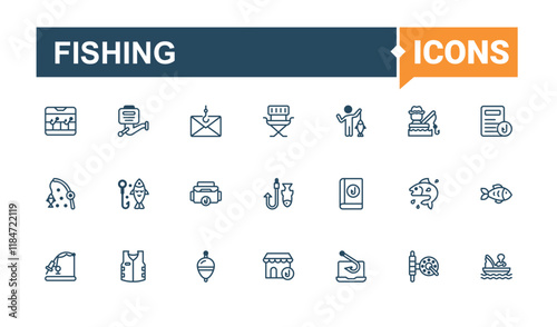 Set of Fishing line icons. Icons reel, water, person, nature, leisure, catch and more. Minimal linear icons. Editable vector outline and solid icons.