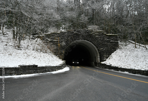 Winter snow falls in the Gatlinburg Mountains of Tennessee