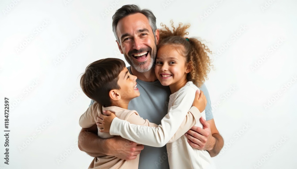 Happy Dad Hugging Kids, Family Love, Father's Day, Joyful Moments Happy Dad Hugging Kids, Family Love, Father's Day, Joyful Moments