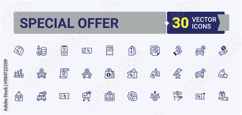 Special Offer icon pack. Includes icons for offer, discount, cart, shop, location, on, coupon and more. Web icons. Vector outline and solid icons collection.