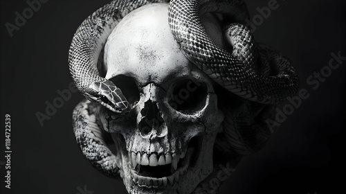 A skull and snake image in black and white