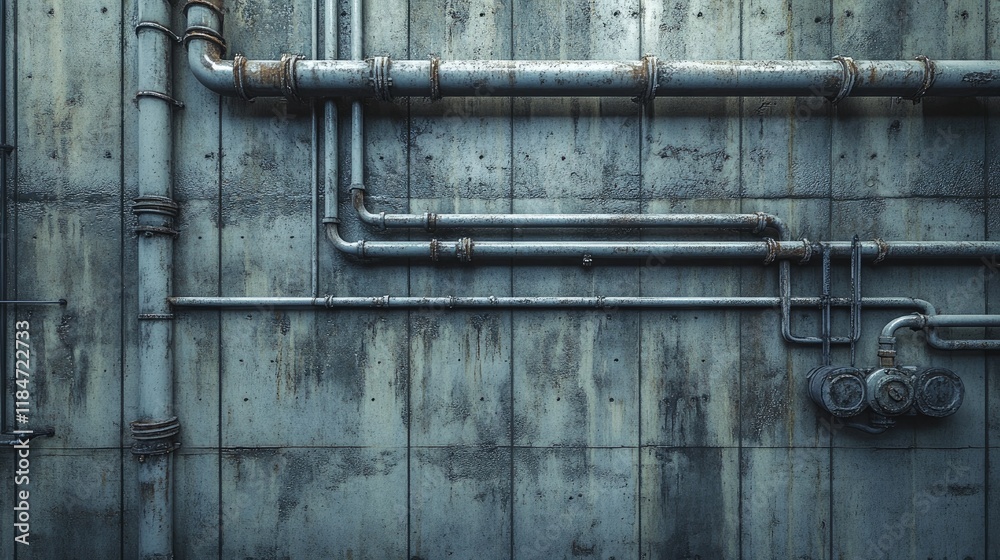A textured concrete wall with a network of exposed pipes in a dimly lit industrial garage space, adding gritty detail. A textured concrete wall with a network of exposed pipes in a dimly lit industrial garage space, adding gritty detail.
