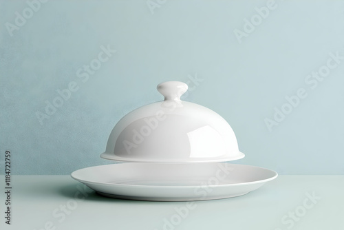 White serving cloche lifted above an empty white plate, highlighting a minimalistic mockup