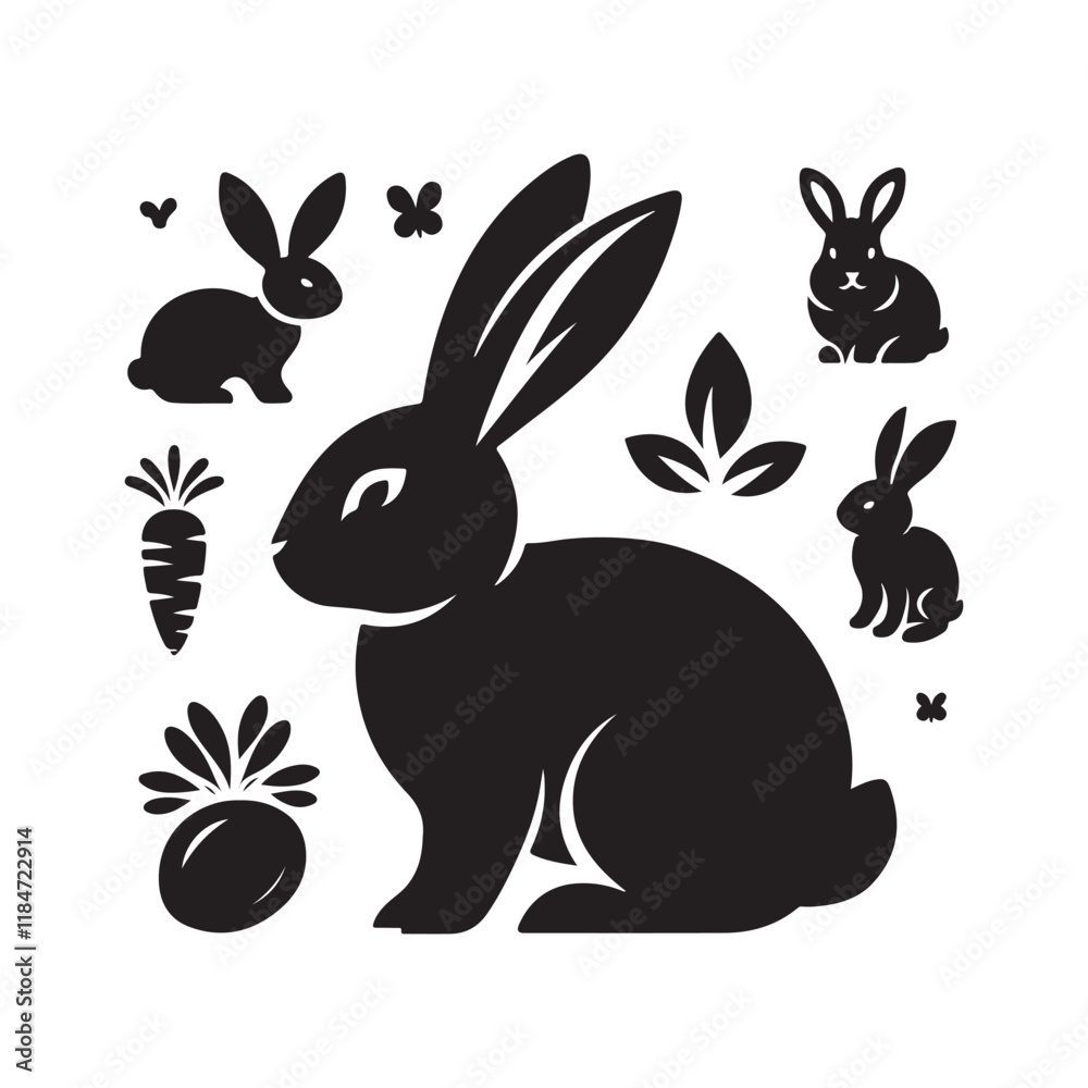 Obraz premium Black Color Bunny silhouette design Vector Illustration, Solid White Background 10.eps