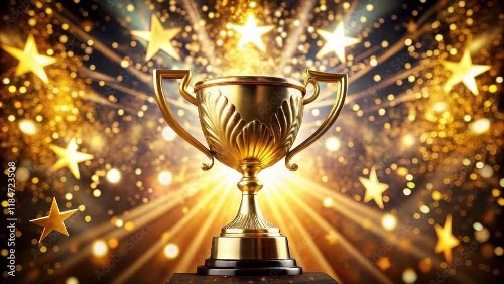 A golden award trophy shines, stars sparkle, spotlight embraces it – a perfect ceremony photograph. A golden award trophy shines, stars sparkle, spotlight embraces it – a perfect ceremony photograph.