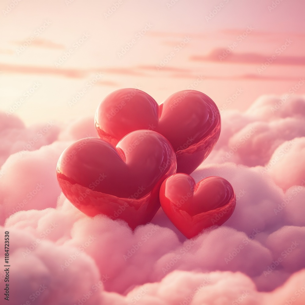 Obraz premium Three red hearts floating among pink clouds at sunset.