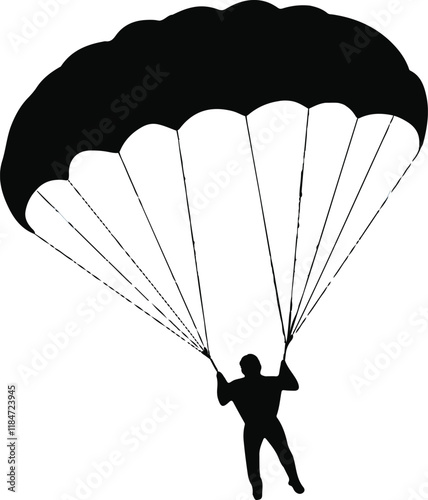  A simple black and white of a Skydiver with Parachute jumping from the sky