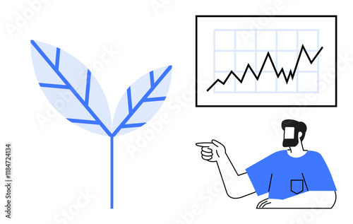 Man pointing to upward graph line, representing growth and progress. Blue and white plant symbol beside graph signifies sustainability. Ideal for business, success, eco-friendliness, strategy