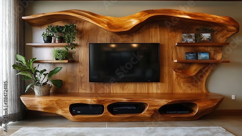 Organic wood media unit, living room, home entertainment. photo