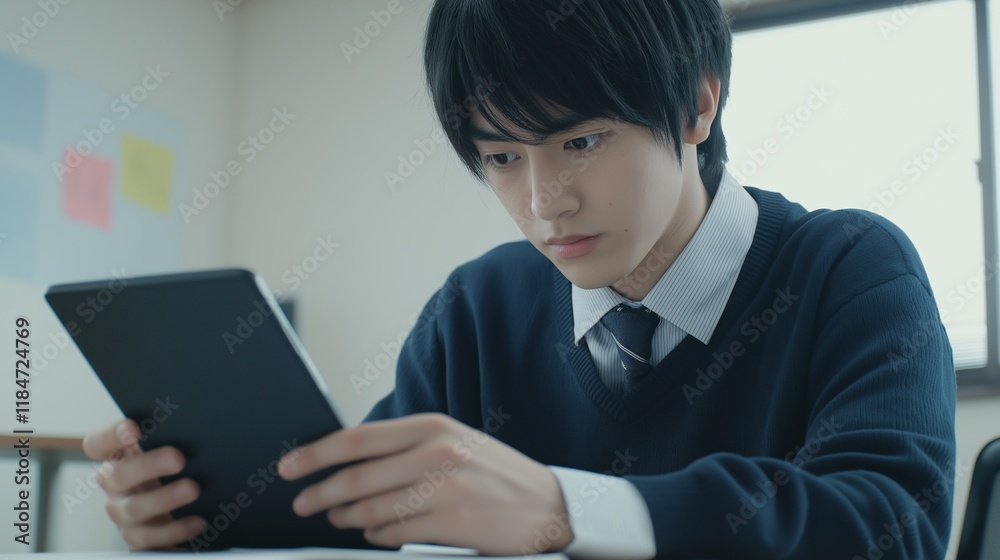 Asian student wearing a uniform, sitting at a desk in a classroom, engaging with a digital tablet for studying, browsing the internet, or connecting on social media