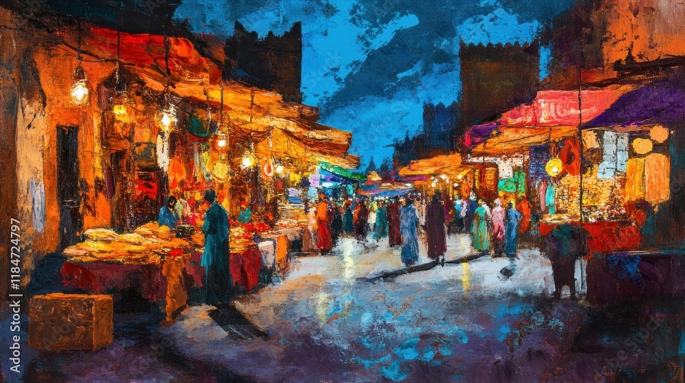 Obraz premium Night Market in Marrakesh Vibrant Colors and Bustling Atmosphere of a Moroccan Souk