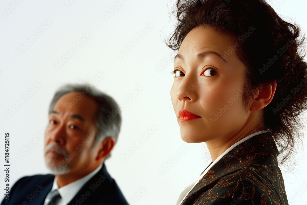 Asian businesswoman glancing back over her shoulder with a serious expression, conveying concern and tension, while an asian businessman remains out of focus in the background Asian businesswoman glancing back over her shoulder with a serious expression, conveying concern and tension, while an asian businessman remains out of focus in the background