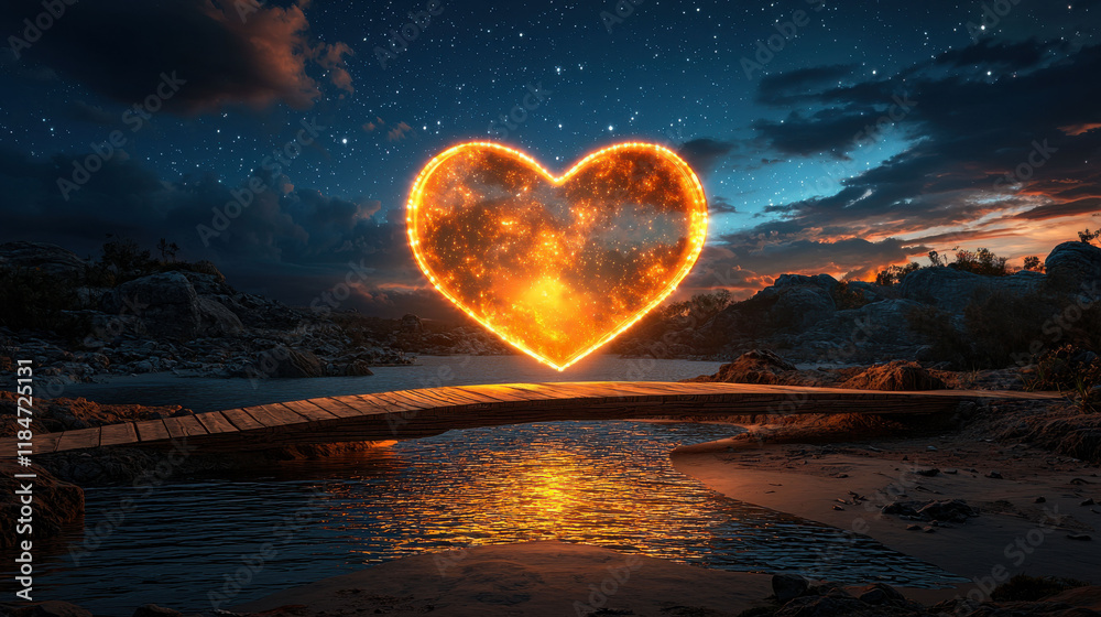 Fototapeta premium A romantic couple stands by a glowing heart at sunset.