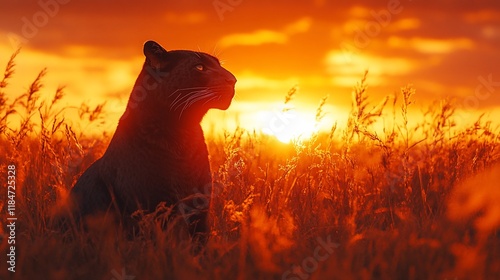 Majestic black panther silhouetted against a vibrant sunset in tall grass.