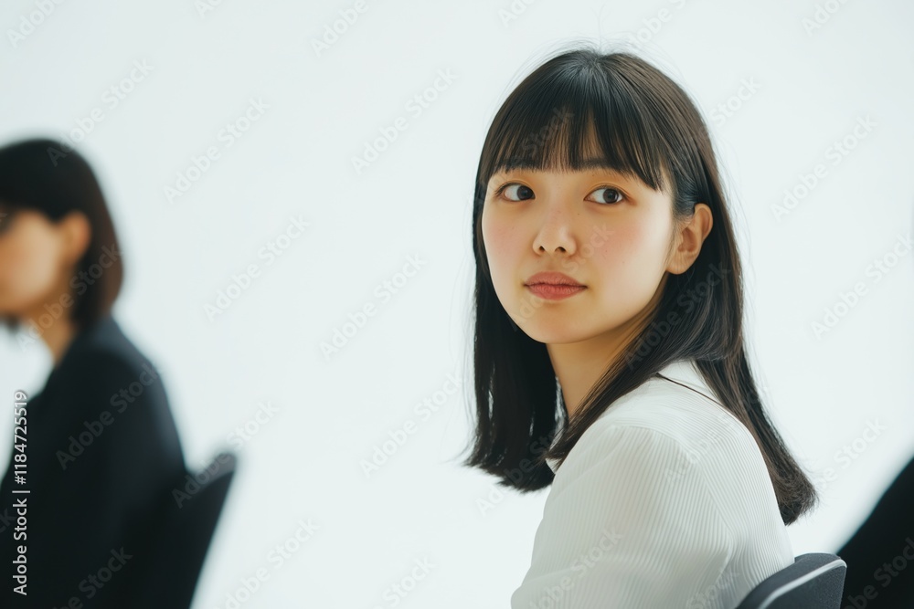 Young asian businesswoman turning her head and looking over her shoulder during an office meeting, with a colleague blurred in the background, exuding professionalism and focus Young asian businesswoman turning her head and looking over her shoulder during an office meeting, with a colleague blurred in the background, exuding professionalism and focus