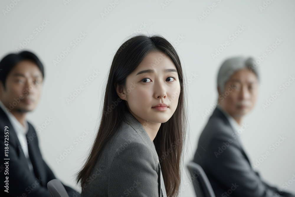 Young asian businesswoman turning her head during a meeting with two blurred colleagues in the background, concept of gender equality in business and female leadership Young asian businesswoman turning her head during a meeting with two blurred colleagues in the background, concept of gender equality in business and female leadership