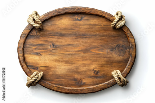 Hyper-Realistic Wooden Oval Board with Rustic Joinery and Rope-Tied Corners on a White Background-