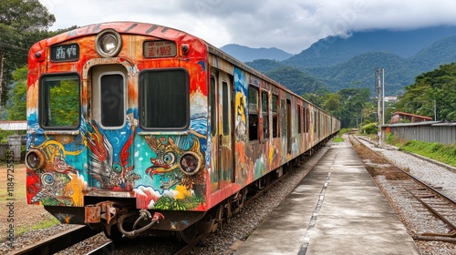 Vibrant Murals on Malaysian Train in Overcast Light
