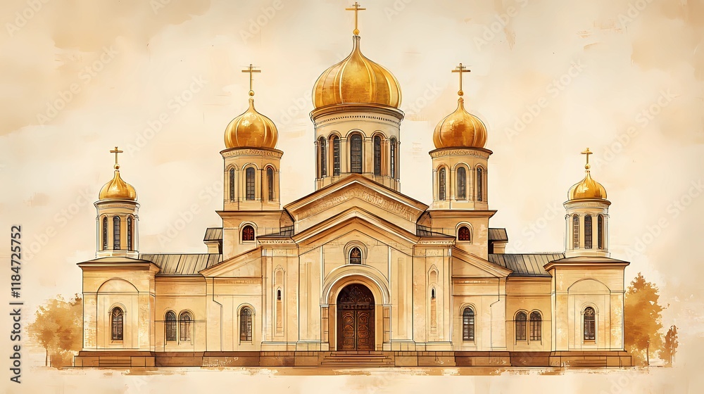 Fototapeta premium Traditional Orthodox church with intricate architecture and domes, creating a peaceful and inspiring visual, book illustration-inspired design