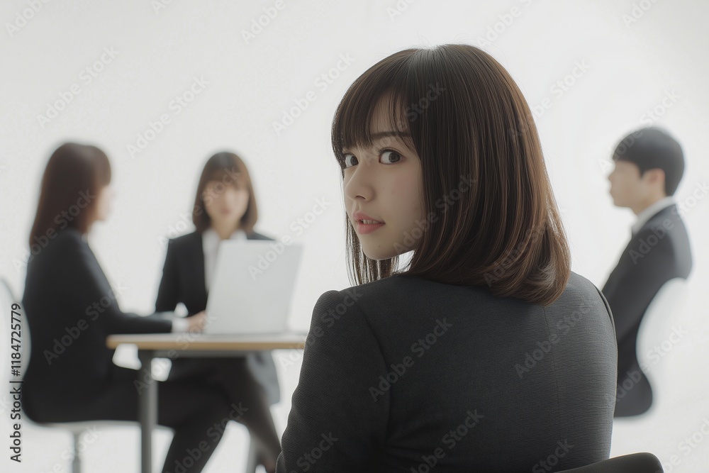 Businesswoman turning around during a meeting with colleagues, gazing seriously at the camera, exuding professionalism and confidence in a modern office setting Businesswoman turning around during a meeting with colleagues, gazing seriously at the camera, exuding professionalism and confidence in a modern office setting