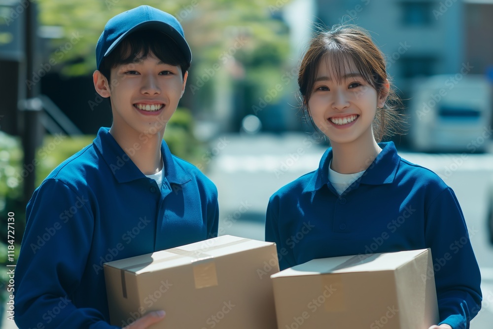 Two young couriers in bright blue uniforms happily holding cardboard boxes while making home deliveries on a sunny urban day, showcasing efficiency and reliability Two young couriers in bright blue uniforms happily holding cardboard boxes while making home deliveries on a sunny urban day, showcasing efficiency and reliability