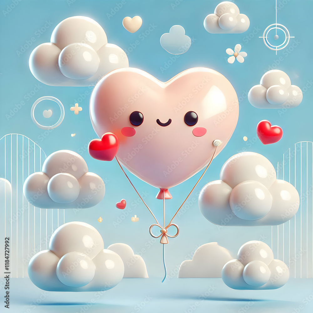 A 3D cute heart-shaped balloon floating in a bright sky, with clouds and a few hearts drifting, perfect for Valentine�s Day greetings and romantic illustrations. A 3D cute heart-shaped balloon floating in a bright sky, with clouds and a few hearts drifting, perfect for Valentine�s Day greetings and romantic illustrations.