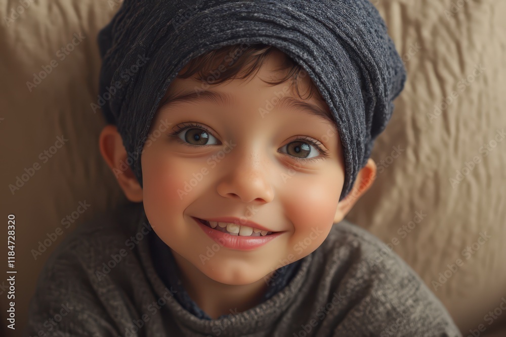 a young boy wearing a turban smiles for the camera a young boy wearing a turban smiles for the camera