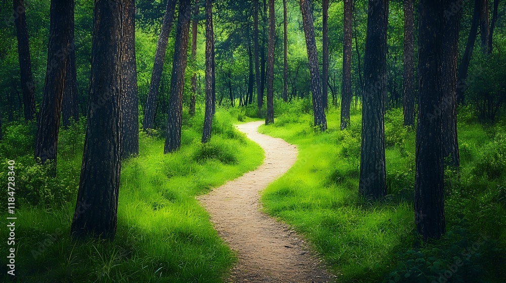 Obraz premium Vibrant green forest with a clear path leading through tall trees under soft natural light