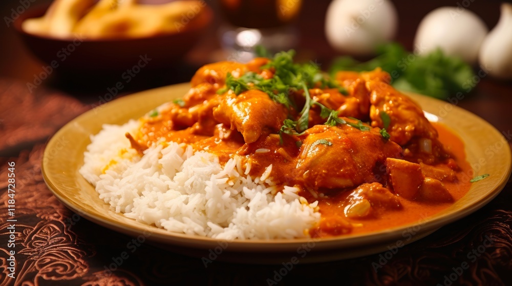Spice Up Your Dinner with Curry Chicken and Fluffy Rice on a Wooden Plate - A Deliciously Juicy Dish of Cookery Delight Spice Up Your Dinner with Curry Chicken and Fluffy Rice on a Wooden Plate - A Deliciously Juicy Dish of Cookery Delight