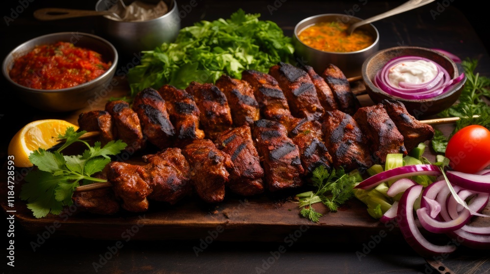 Spicy Chicken Seekh Kabab on Charcoal Grill with Fresh Salad, Chutney, and Spices - Delicious Bar-B-Q Meal Concept Spicy Chicken Seekh Kabab on Charcoal Grill with Fresh Salad, Chutney, and Spices - Delicious Bar-B-Q Meal Concept