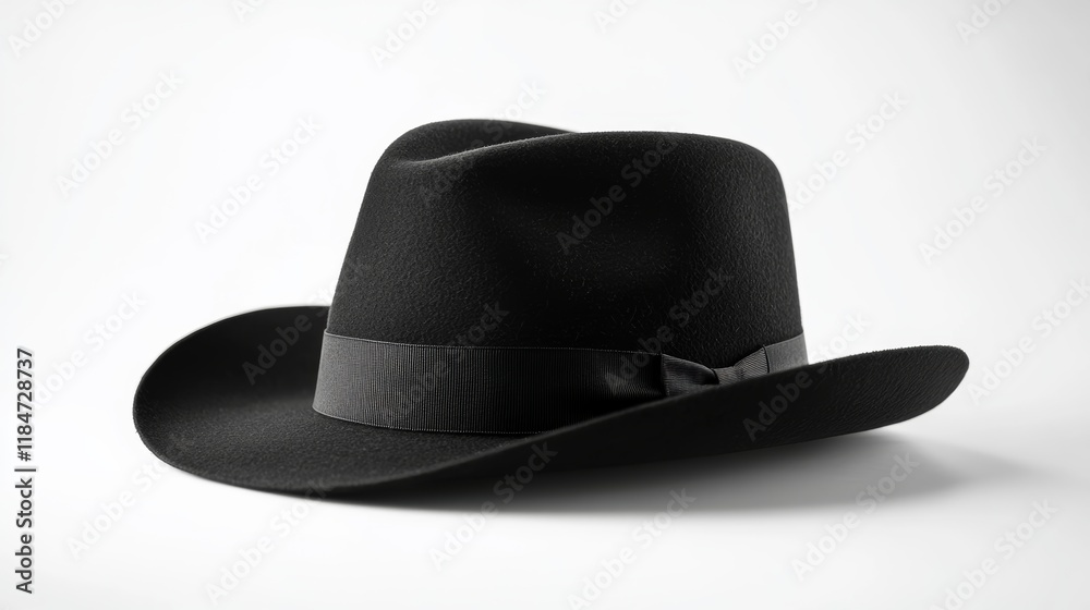 Elegant black fedora hat resting on white background Elegant black fedora hat resting on white background