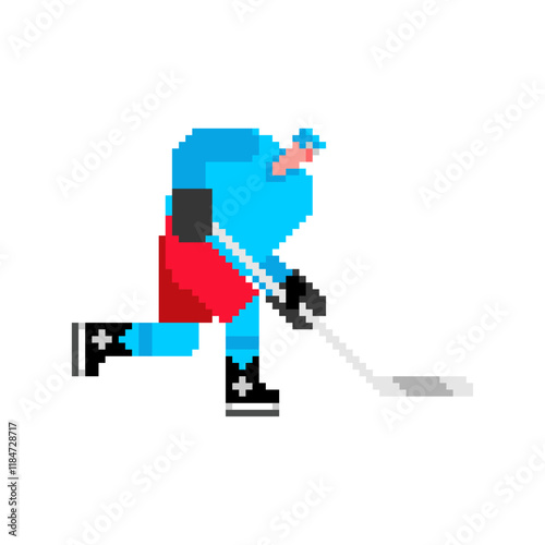 Hockey player pixel art. 8 bit ice hockey player. pixelated Vector illustration