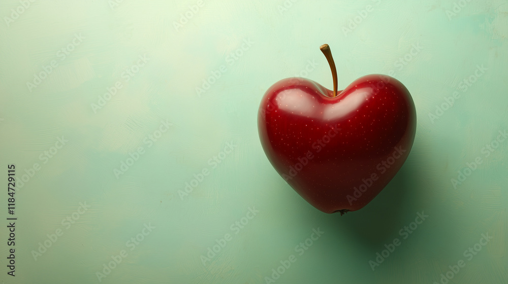 Obraz premium Red heart-shaped apple against a soft blue background offering a unique perspective on fruit and creativity. Generative AI