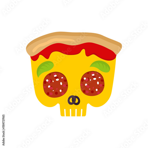 Skull pizza. Skeleton head pizza slice. Concept harmful fast food