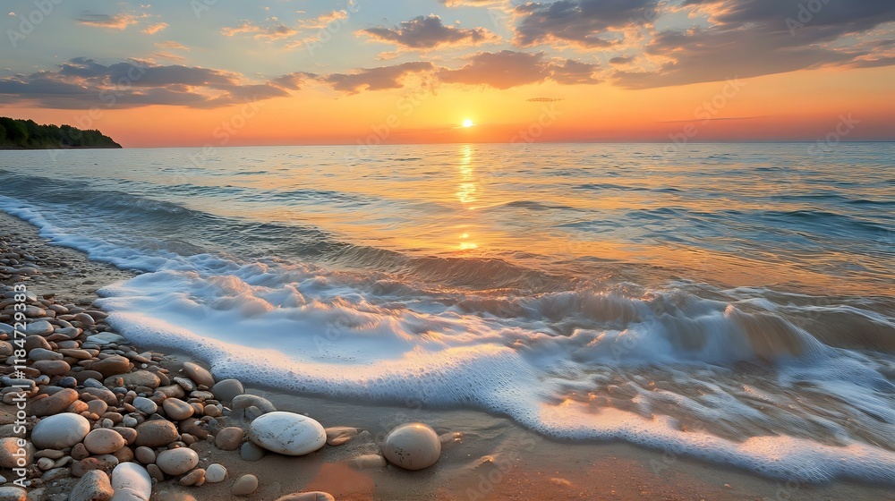 Obraz premium Warm coastal sunset scene with soft waves gently washing over smooth beach stones