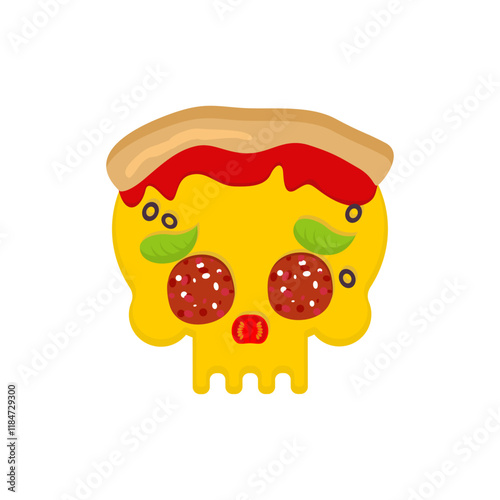 Skull pizza. Skeleton head pizza slice. Concept harmful fast food