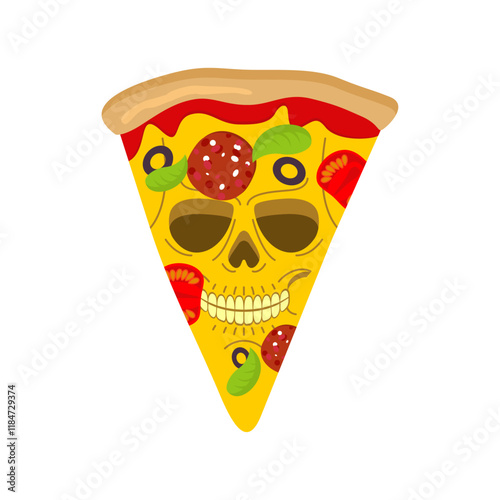 Skull pizza. Skeleton head pizza slice. Concept harmful fast food