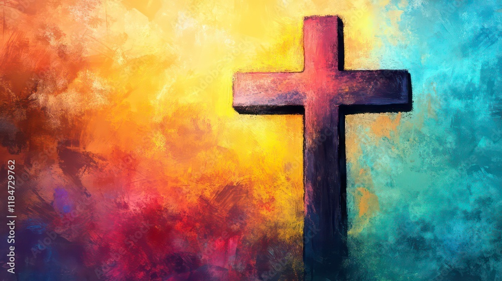 A painted wooden cross against a vibrant, colorful background. A painted wooden cross against a vibrant, colorful background.