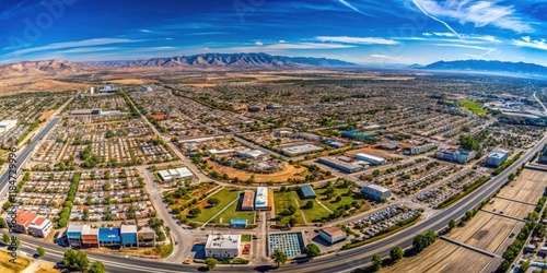 Discover Palmdale: A panoramic aerial view, high-resolution city map with precise street details and satellite imagery.