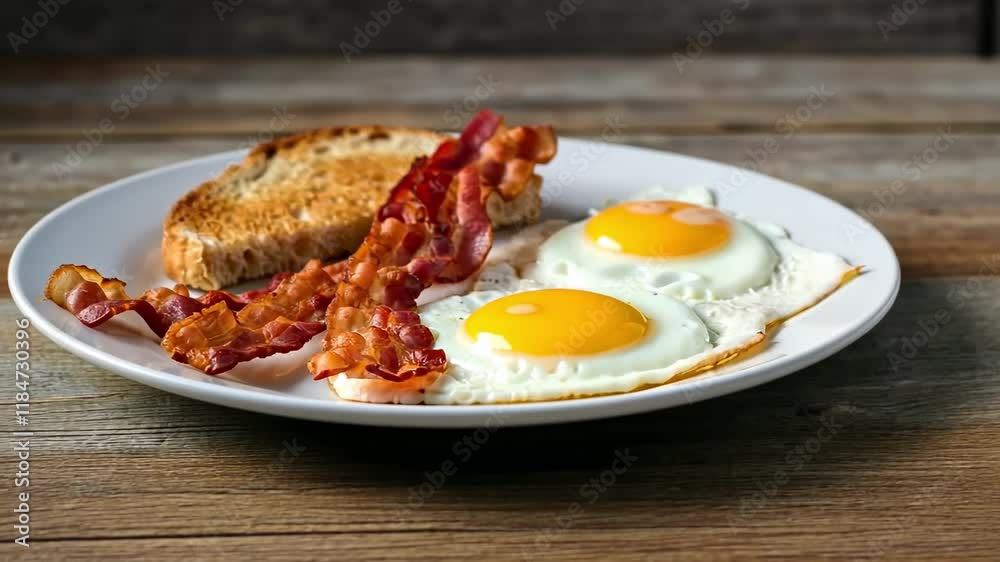 Sizzling breakfast: crispy bacon, sunny side up eggs, and toast served on rustic table Sizzling breakfast: crispy bacon, sunny side up eggs, and toast served on rustic table