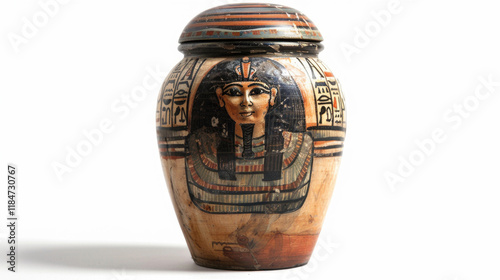 Ancient Egyptian Canopic Jar with Hieroglyphs and Pharaoh Illustration on White Background