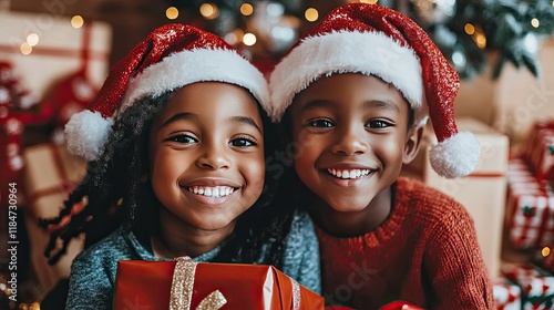 Two adorable Black siblings, beaming with joy,  exchange Christmas gifts. Festive red and white hats add to the cheerful holiday scene.