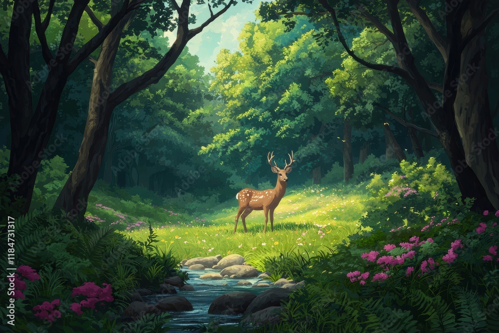 Majestic Deer in Serene Forest Clearing Surrounded by Nature Majestic Deer in Serene Forest Clearing Surrounded by Nature