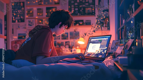Boy opening a laptop in a cozy room in anime