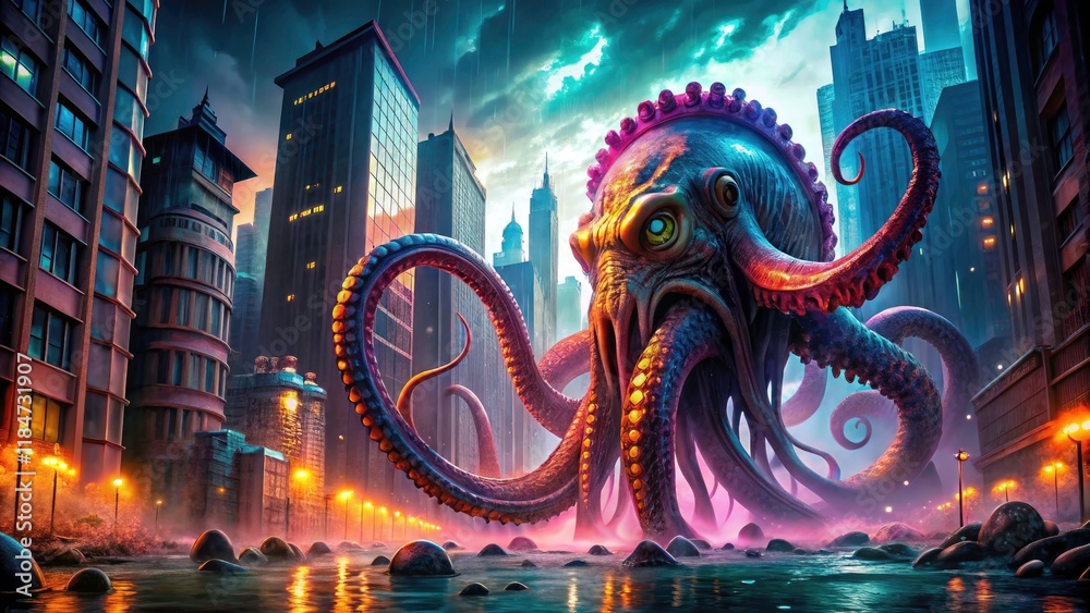 Obraz premium Epic fantasy: city ablaze, monstrous kraken's wrath unleashes architectural devastation under the night sky.